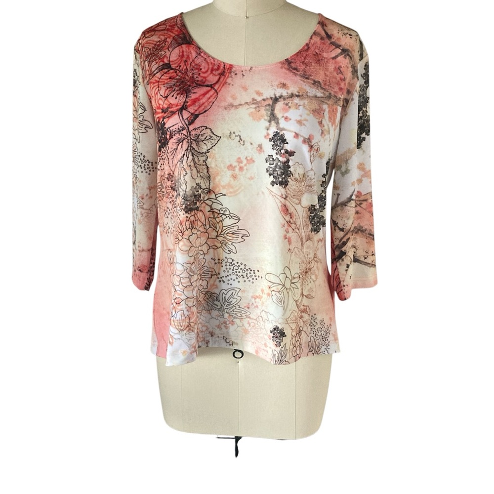 Chic Floral 3/4 Sleeve Top in Pink and Cream, Sz L NWT